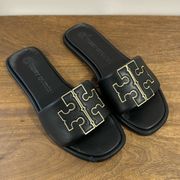 Black Leather Double T Sport Slide