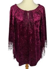 NEW  Burgundy Crushed Velvet Crochet Lace Sleeve Peasant Top Medium