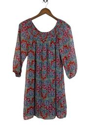 My Michelle 3/4 Sleeve Multi Floral Smocked Popover Layered Sheer Midi Dress