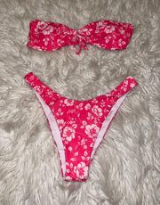 Hot Pink Hibiscus Print Strapless Bikini