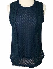 JOA Eyelet Fringe Crochet Tank Top Blouse Blue M