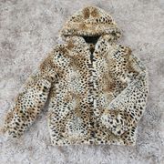 Donna Salter's Fabulous Furs Hooded Leopard Print Faux Fur Jacket Size Small