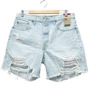NWT Levi’s 501 Shorts Light Wash Distressed Mid Length Jean Shorts Size 32 NEW