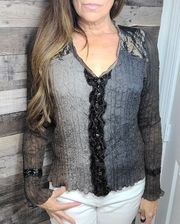 Grey/Brown lace/ruffles crepe/crinkle long sleeve blouse sz M