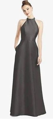 NWT Alfred Sung Cut Out Halter Neckline Satin Twill Dress with Pockets Size 2