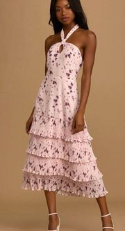 Fated for Love Pink Floral Print Pleated Halter Midi Dress