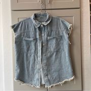 Y2K Denim Rhinestone Studed Button Down Tunic Shirt Vest Small Sleeveless Rock