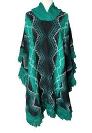 Vtg 70s Southwestern Knit Geometric Sweater Cape Poncho w/ Fringe Black Green