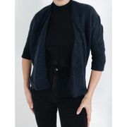 T Tahari Navy Wool Blend Quarter Sleeve Waterfall Cardigan