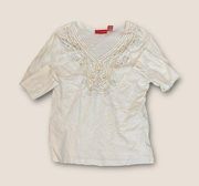 Vintage Gloria Vanderbilt 3/4 Sleeve V-Neck Top Sequin Embroidered White L