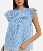 Sail to Sable Eyelet Chambray Poplin Blue White Ruffle Neck Top Size S NWT