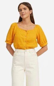 Everlane Linen Puff Sleeve Top Blouse Button Front Cropped Marigold Yellow 6