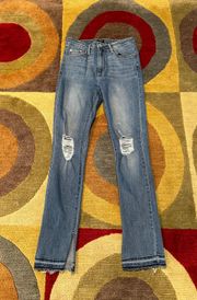 Skinny Jeans Distressed Paint Medium Wash Cut Bottom Size 28