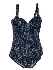 Maxine of Hollywood One Piece Swimsuit Skirt Front Brown Blue Polka Dot Size 10