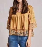 TULAROSA Huxley Boho Pleated Top Saffron Bell Sleeves Size XS Women's Lace Crop