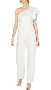 Adrianna Papell Womens Ivory One Shoulder Floral Lace Ruffled Jumpsuit Size 4