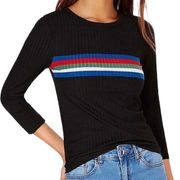 New  Striped Rib Knit Top 3/4 Sleeve Crewneck Tee Black Multi Juniors