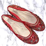 Womens Red Sparkly Shoes Size 8.5 Spring Floral Sequins Flats Embellished