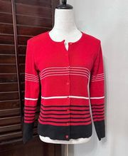 Rafaella Womens Cardigan Sweater Red Black Stripe Cotton Blend Knit Button S