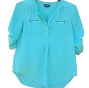 My Michelle Teal V-Neck Roll Tab Sleeve Semi-Sheer Women's Blouse Size Medium