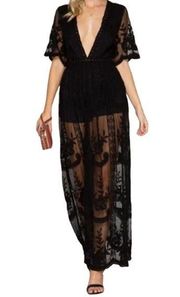 Honey Punch Women's Lace Maxi Romper Dress Black Short Sleeve Party Casual SZ S