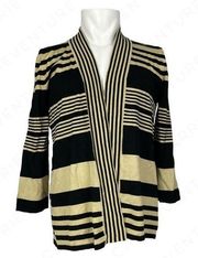 Cable & Gauge Sweater Black & Camel Tan Striped Silk Blend Open Front Cardigan M