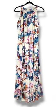 Bar lll Dress Cream Floral Watercolor High Low Ruffle Hem Halter Neck Size S