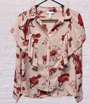 Leith hibiscus pale pink floral ruffle button front long sleeve blouse small