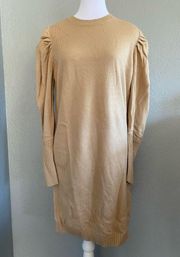 Sweater Dress Camel puff sleeve minimalist Academia monochrome dress Large