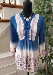 Est 1946 Womens Blue White Floral Rayon V Neck DrawstringTop Blouse Size Small