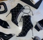 New Balmain Ryana Peep-Toe Crystal-Embellished Suede Booties in Black