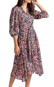 Shoshanna Santana puff Sleeve Floral Midi Dress with Handkerchief Hem