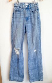 Zara Medium Blue Distressed Wide Straight Leg Jeans 