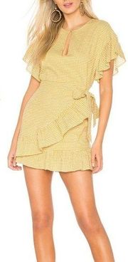 TULAROSA Jenny Mini Dress Marigold Plaid Wrap Ruffles Cotton Yellow Medium EUC