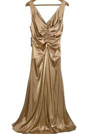 VTG Jessica McClintock Gold Glam Maxi Dress Ruched Gown Sleeveless Size 14 NOS