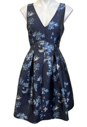 Eliza J dress size 8 blue floral jacquard sleeveless A-line knee length cocktail