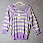 Anne Klein Sweater Womens M Purple Stripes Koa Striped Square Neck Sweater NEW