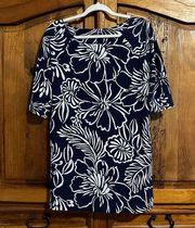 Lilly Pulitzer Blouse Womens Medium Blue Floral Tunic Boat Neck Elbow Sleeve