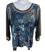 Lavish Plus 3x Blue Paisley Beaded Sheer Sleeve Stretch Top