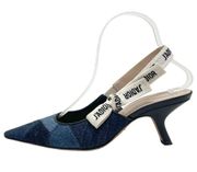 Dior J'Adior Denim Patchwork Pointed Toe Logo Ribbon Slingback Low Heels Pumps