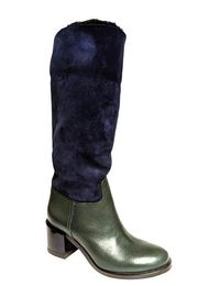 L'Autre Chose Boot Green Leather with Blue Suede Top Lined Block Heel 36.5