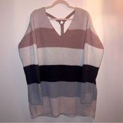 Color Block Lilac Gray White Pullover Chunky Knit V Neck Sweater XL