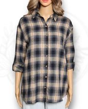 Jane + Delancey Embroidered Plaid Button Up Top Tan & Black Size S