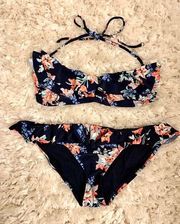 Navy blue Floral ruffle bikini swimsuit