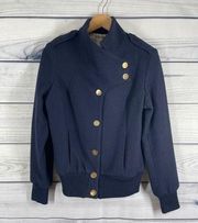 Lauren Moffatt Wool Navy Bomber Jacket Womens Gold Buttons Size Large