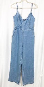 Denim Faux Wrap Surplice Straight Leg Jean Jumpsuit Overalls: Light Wash