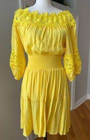 Gianni Bini yellow dress size medium lace open work garden party date night sun