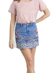 Umgee Skirt Denim Embroidered Birds Floral Small