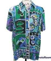 Bob Mackie Vintage Blue Green Print Button Up Top M