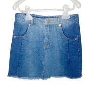 QAltar’d State pieced faded denim mini skirt with fringed hem size XS